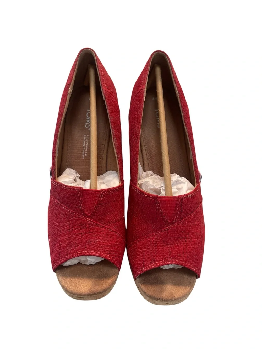 TOMS Red Crosshatch Jacquard Classic Wedge Espadrille Shoe open toe size 7 w box